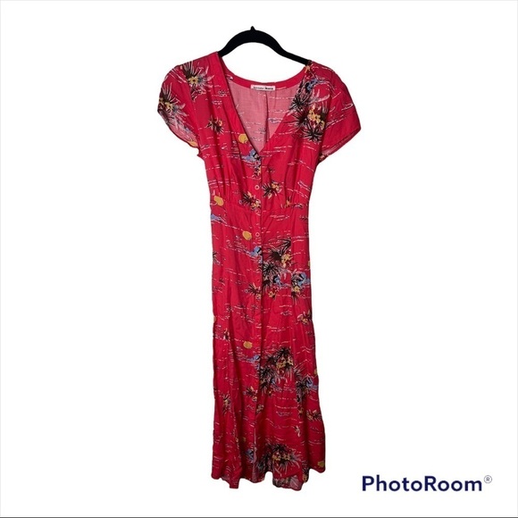 Reformation Coral Hawaiian Print Denise Button Down Floral Midi Dress Size XS - Picture 9 of 12